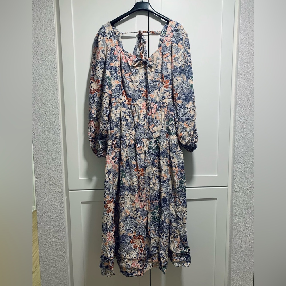 Anthropology Moon River Navy and Peach Patterned Dress